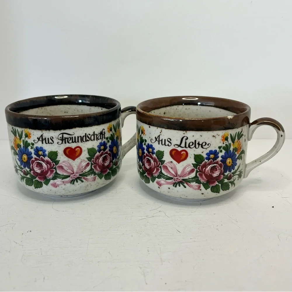 Vintage German Floral Ceramic Mugs Set - Brown and White - Picture 2 of 12